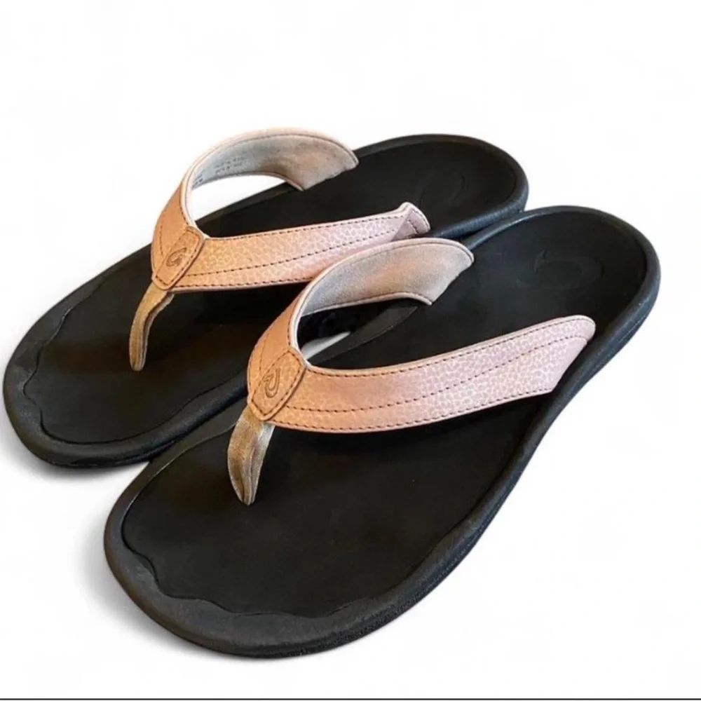 OluKai Women's Sandals Pink and Black Thong Flip Flops - Picture 3 of 6